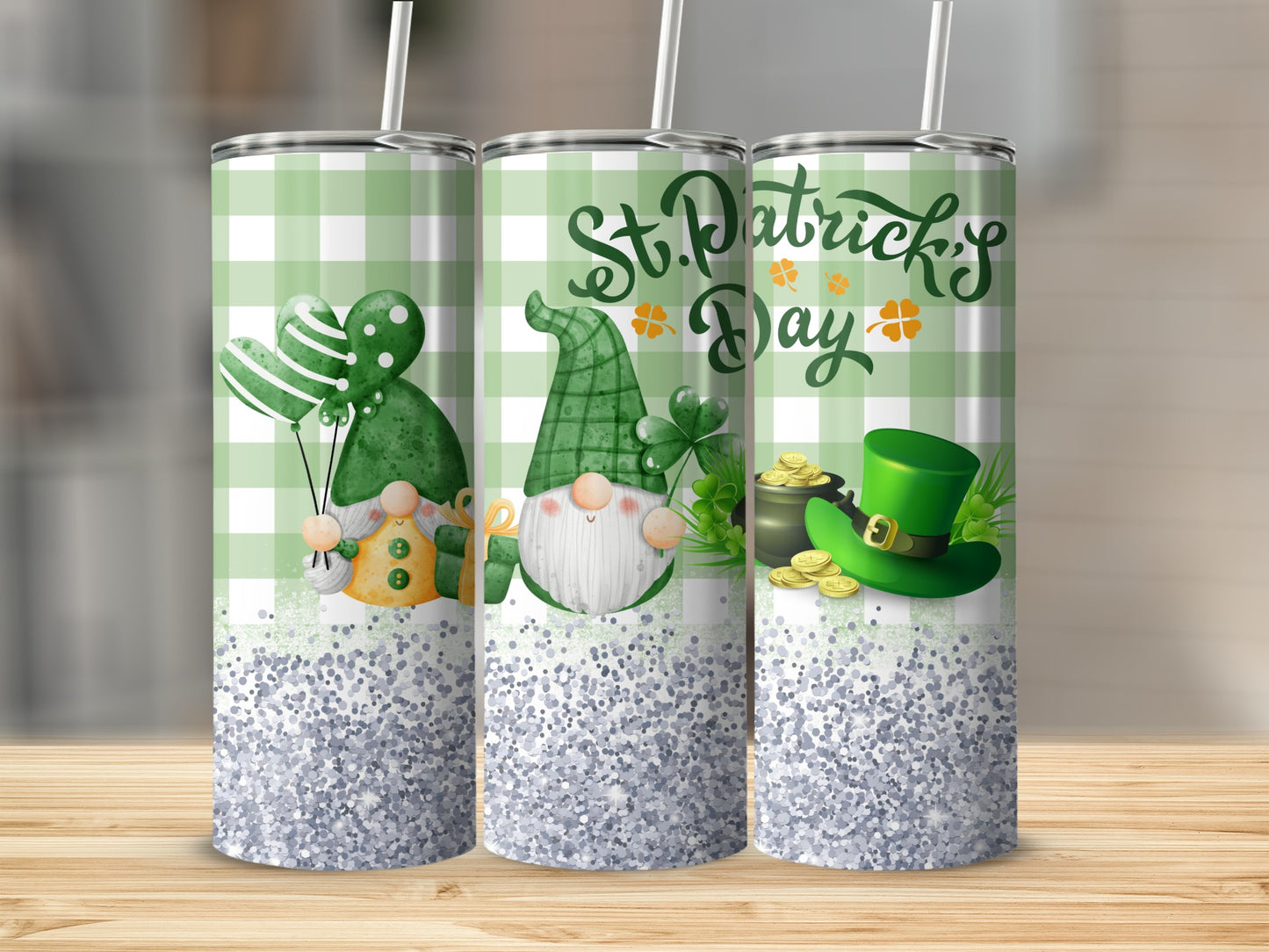 Gnomes and St. Patrick's Day decorations on a checkered tumbler.