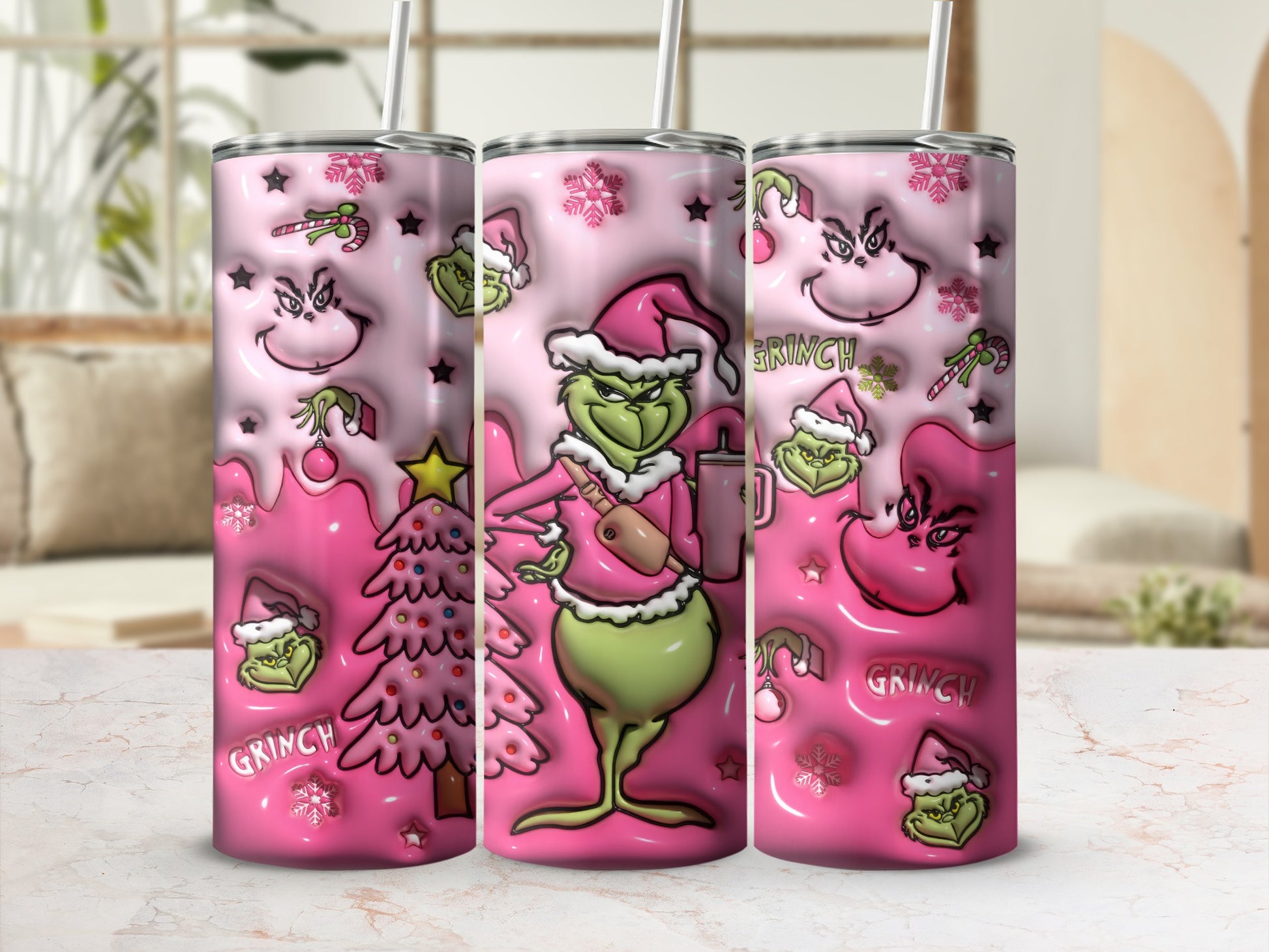 Pink Christmas Grinch Santa Design Tumbler Cup