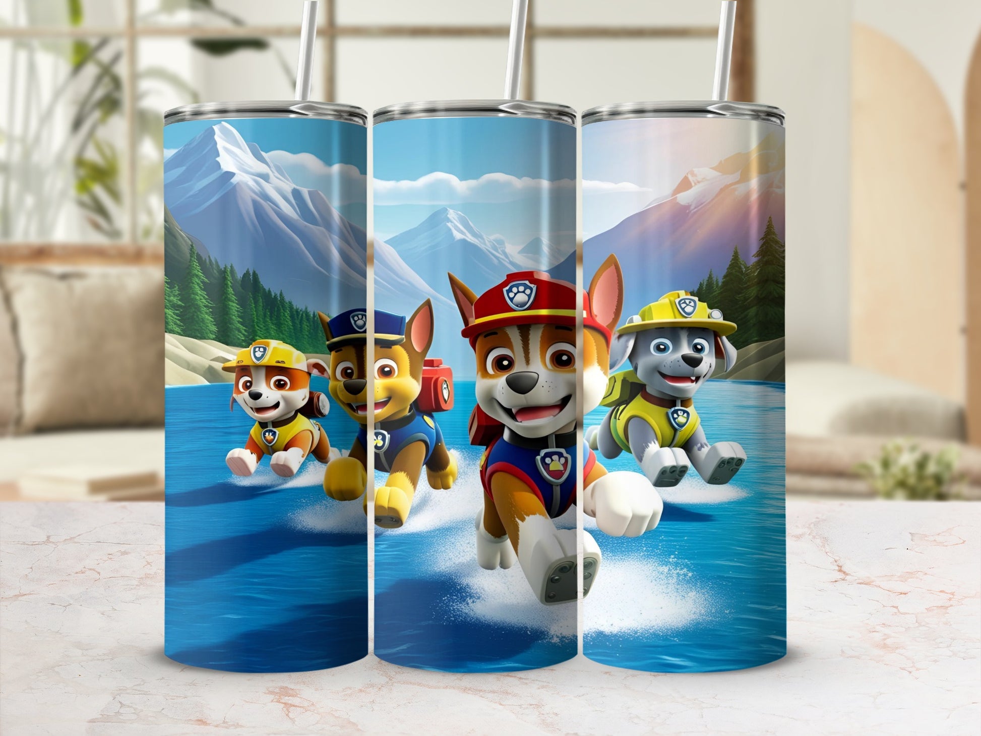 Paw Patrol pups running through water on a tumbler.