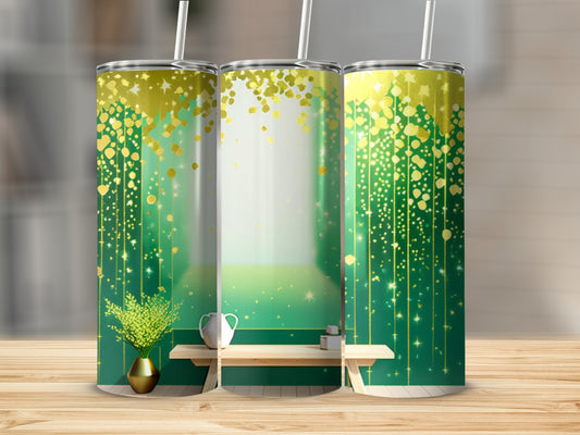 Three green tumblers with golden heart confetti pattern.