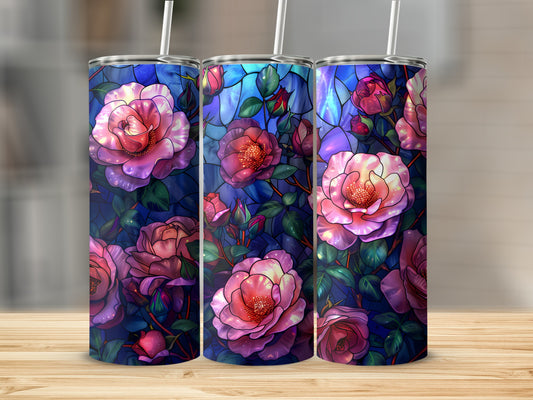 Three tumblers with stained glass rose floral design.
