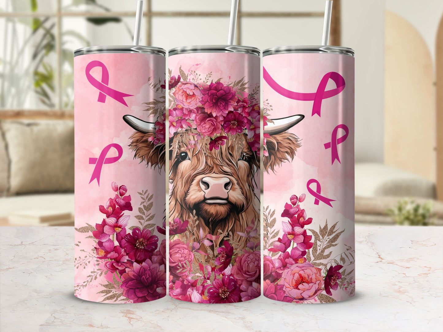 Highland cow with floral crown and pink ribbon, on pink tumbler.