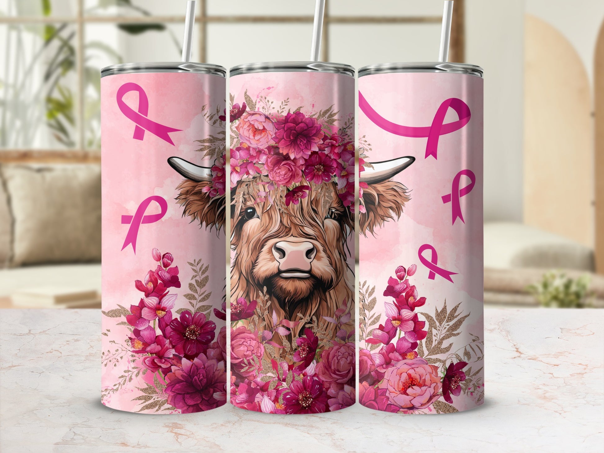 Highland cow with floral crown and pink ribbon, on pink tumbler.