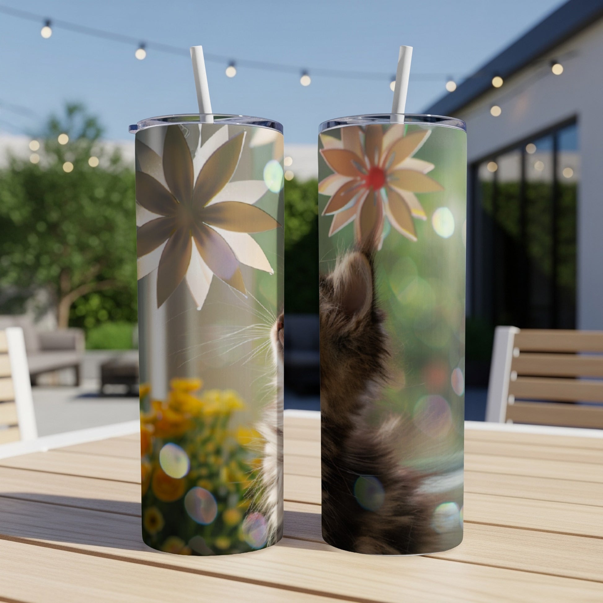 Two tumblers with a cat reaching for a flower design, set on a table.