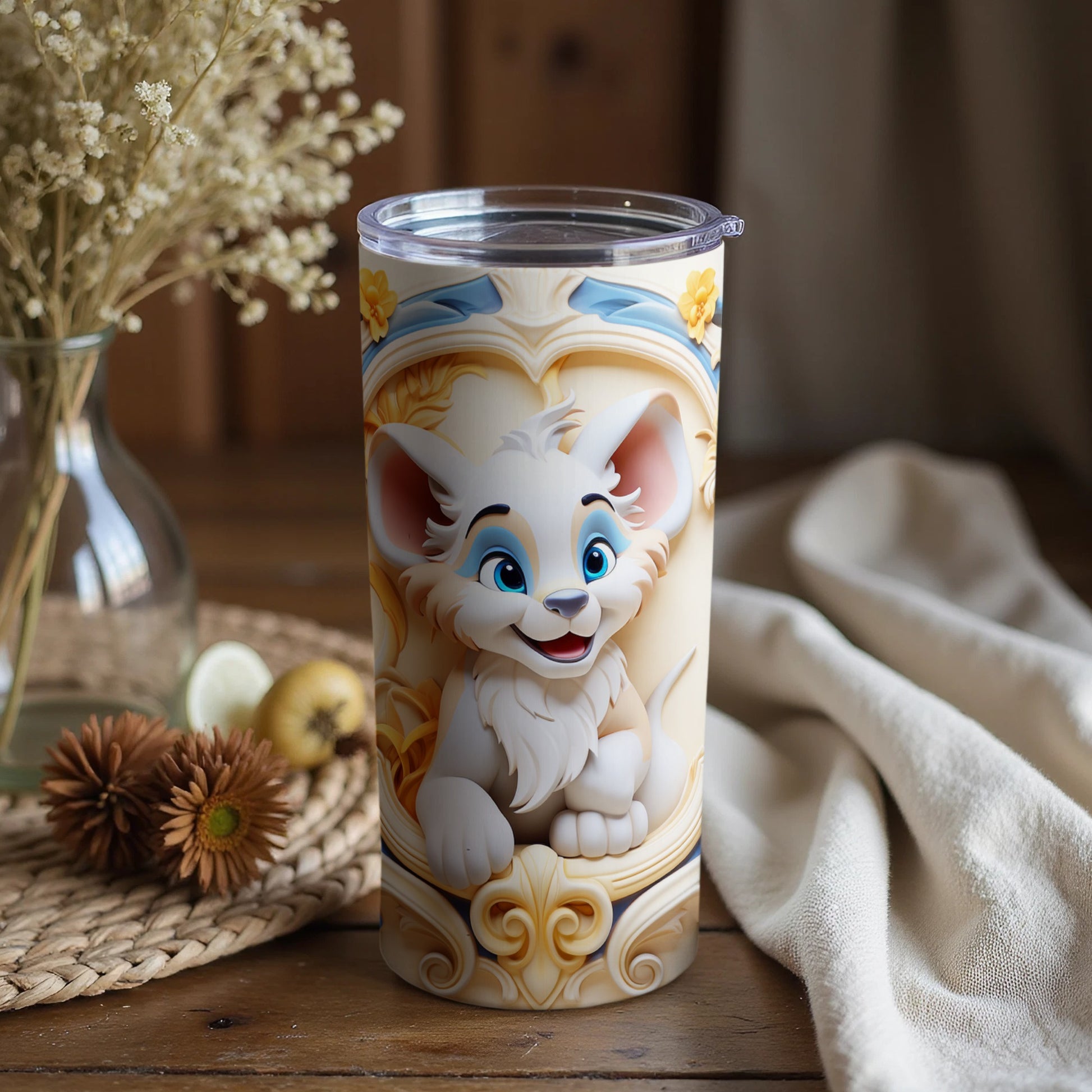 Cute Animated White Tiger Travel Tumbler for Kids