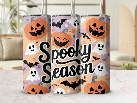 Tumblers with "Spooky Season" text, pumpkins, ghosts, and bats.