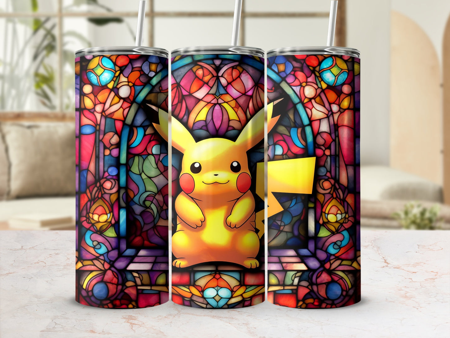 Vibrant Pikachu Stained Glass Art Design Tumbler