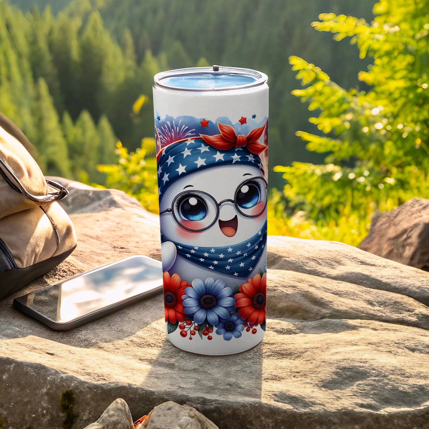 Cute cartoon character with patriotic bandana and stars on a tumbler.