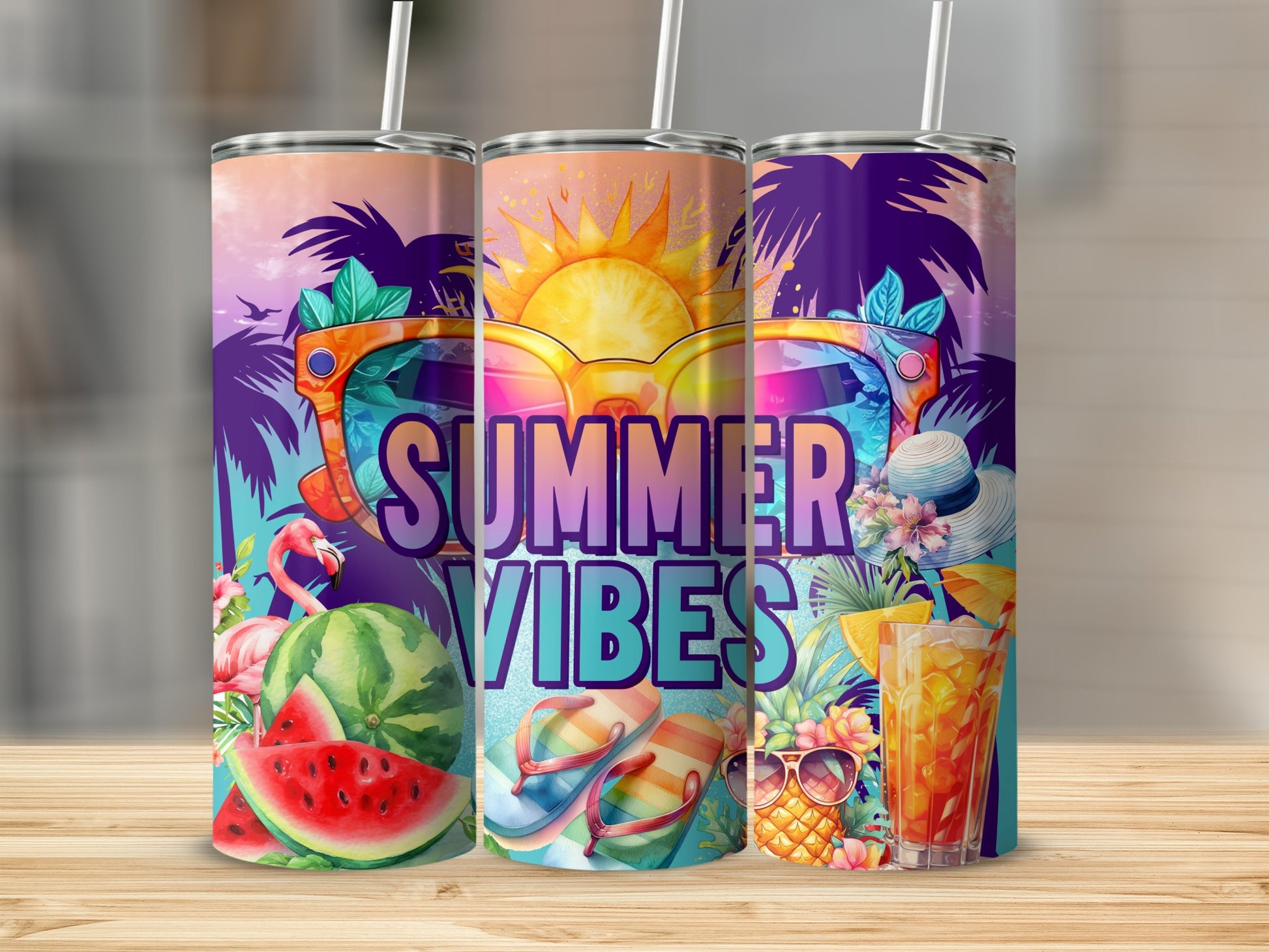 Summer Vibes tumbler with sunglasses, watermelon, flamingos, and tropical drink.