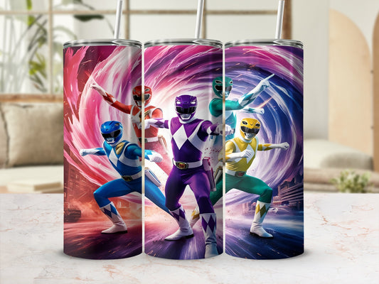 Power Rangers characters in dynamic poses with swirling colorful backgrounds.