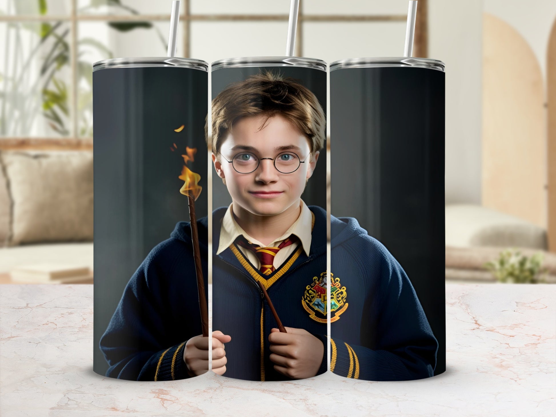 Harry Potter holding a wand with flames, on a tumbler.