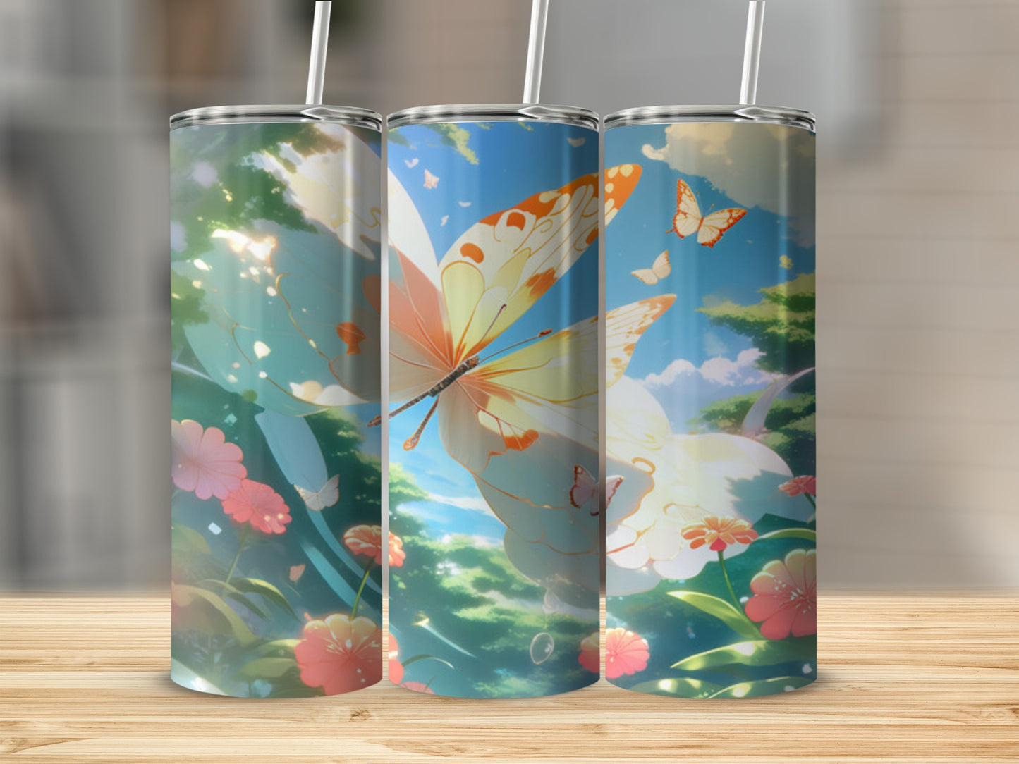 Three tumblers featuring a butterfly and floral design with a sky background.