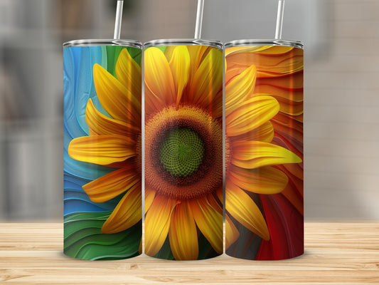 Three tumblers with colorful abstract backgrounds and large sunflowers.