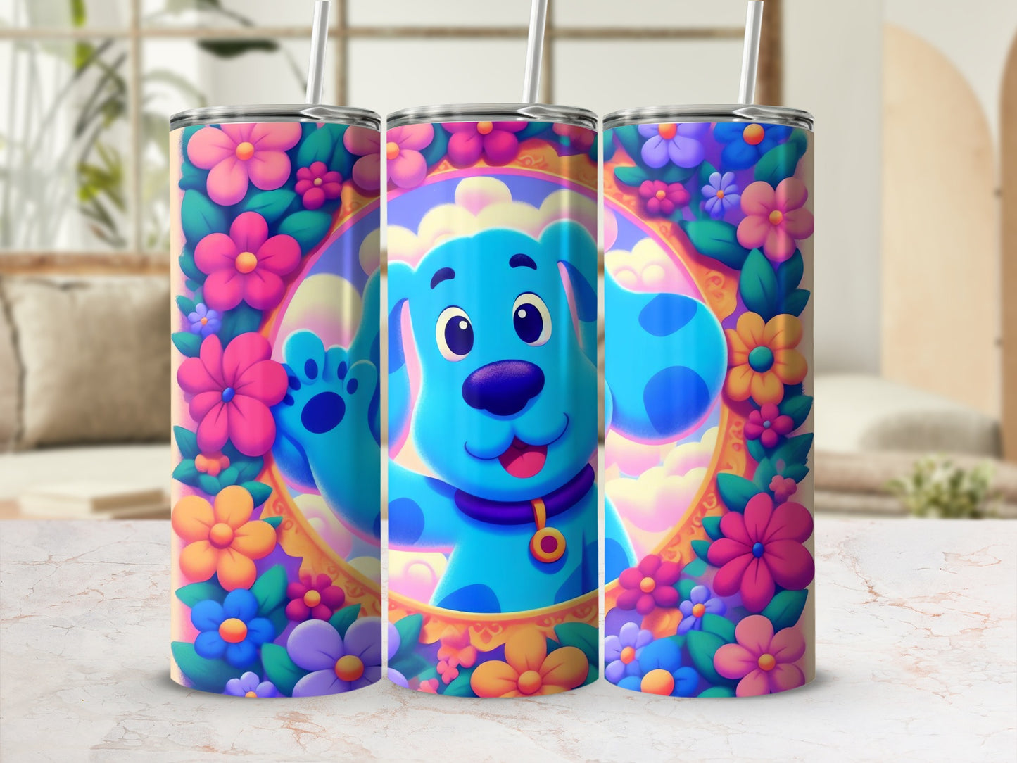 Colorful Floral and Blue Dog Illustration Tumbler