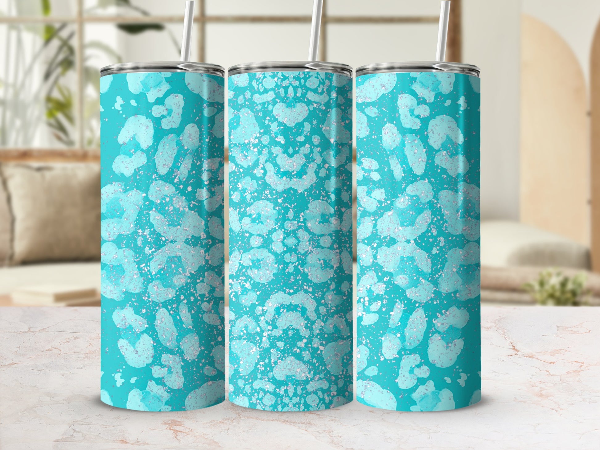 Aqua Blue and White Splatter Design Tumbler Cups