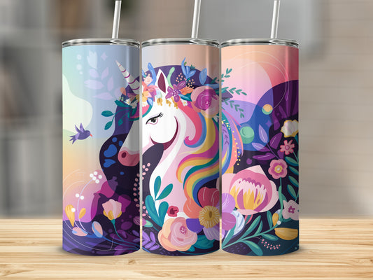 Three unicorn tumblers with floral and rainbow designs.