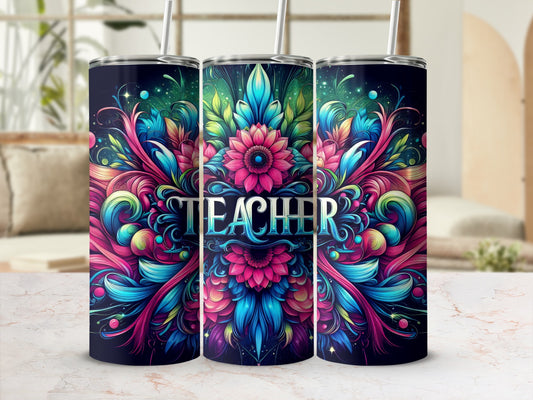 Teacher tumbler with vibrant floral design and sparkly accents.