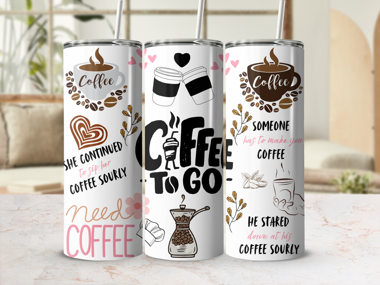 Coffee Themed Tumblers with Fun Coffee Quotes Set