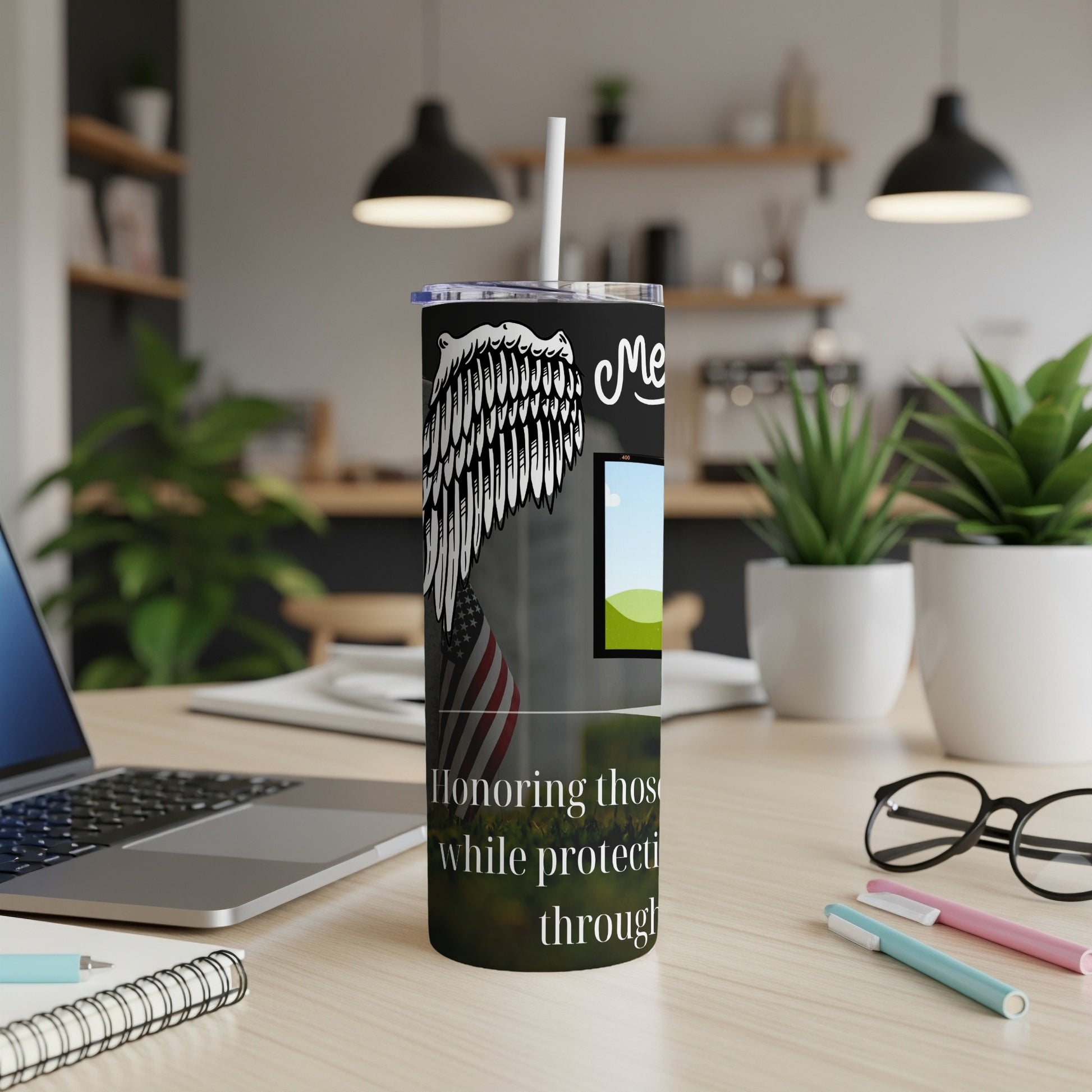 Black tumbler with eagle wings, US flag, and text "Memoriam" and "Honoring those while protecting through".