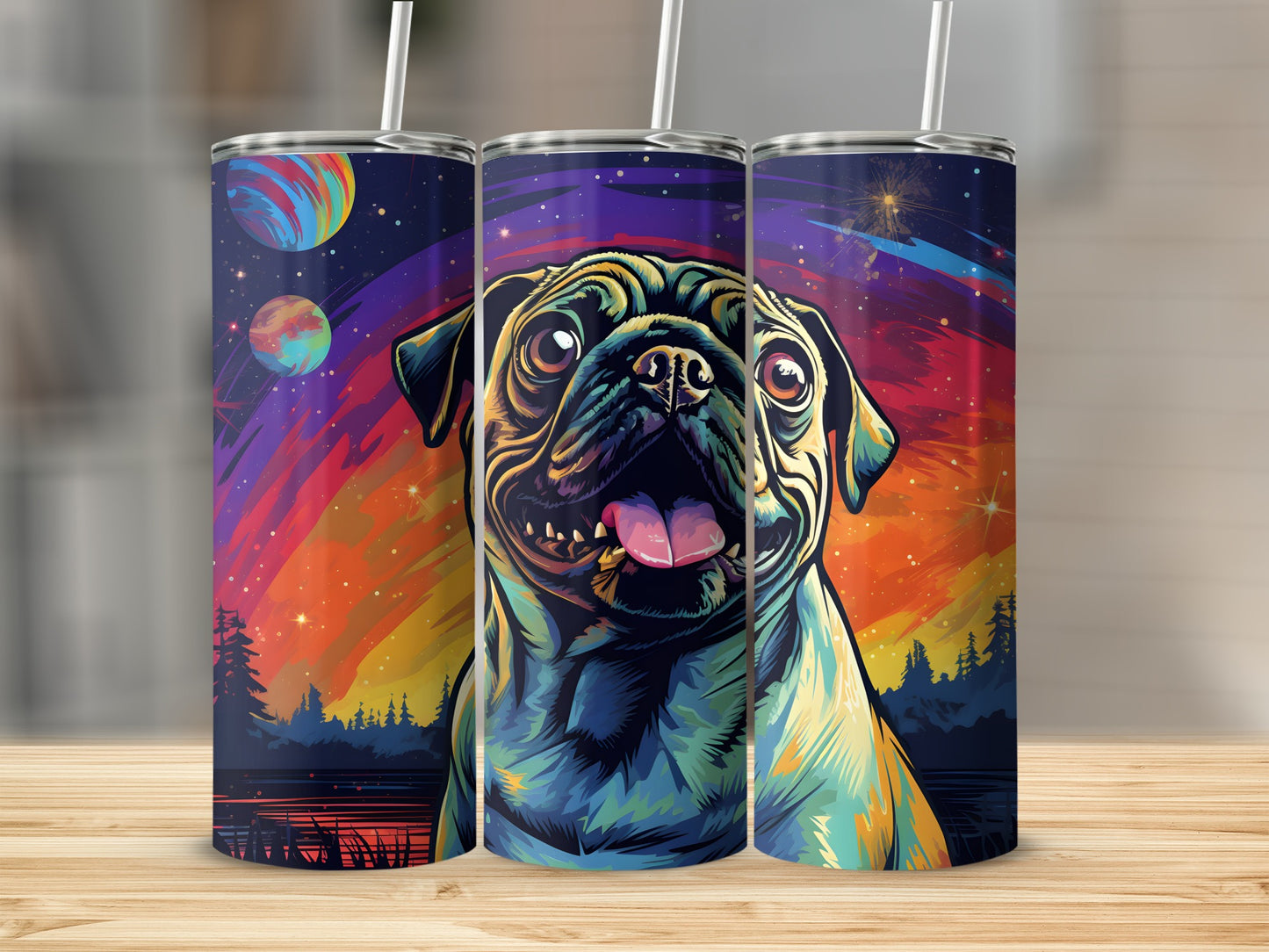 Three tumblers with a colorful pug and space scene design.