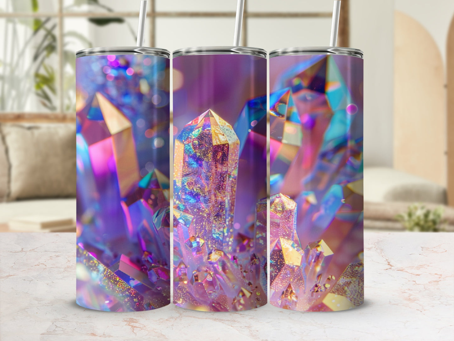 Three tumblers featuring a glittering purple and pink crystal design.