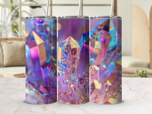 Three tumblers featuring a glittering purple and pink crystal design.
