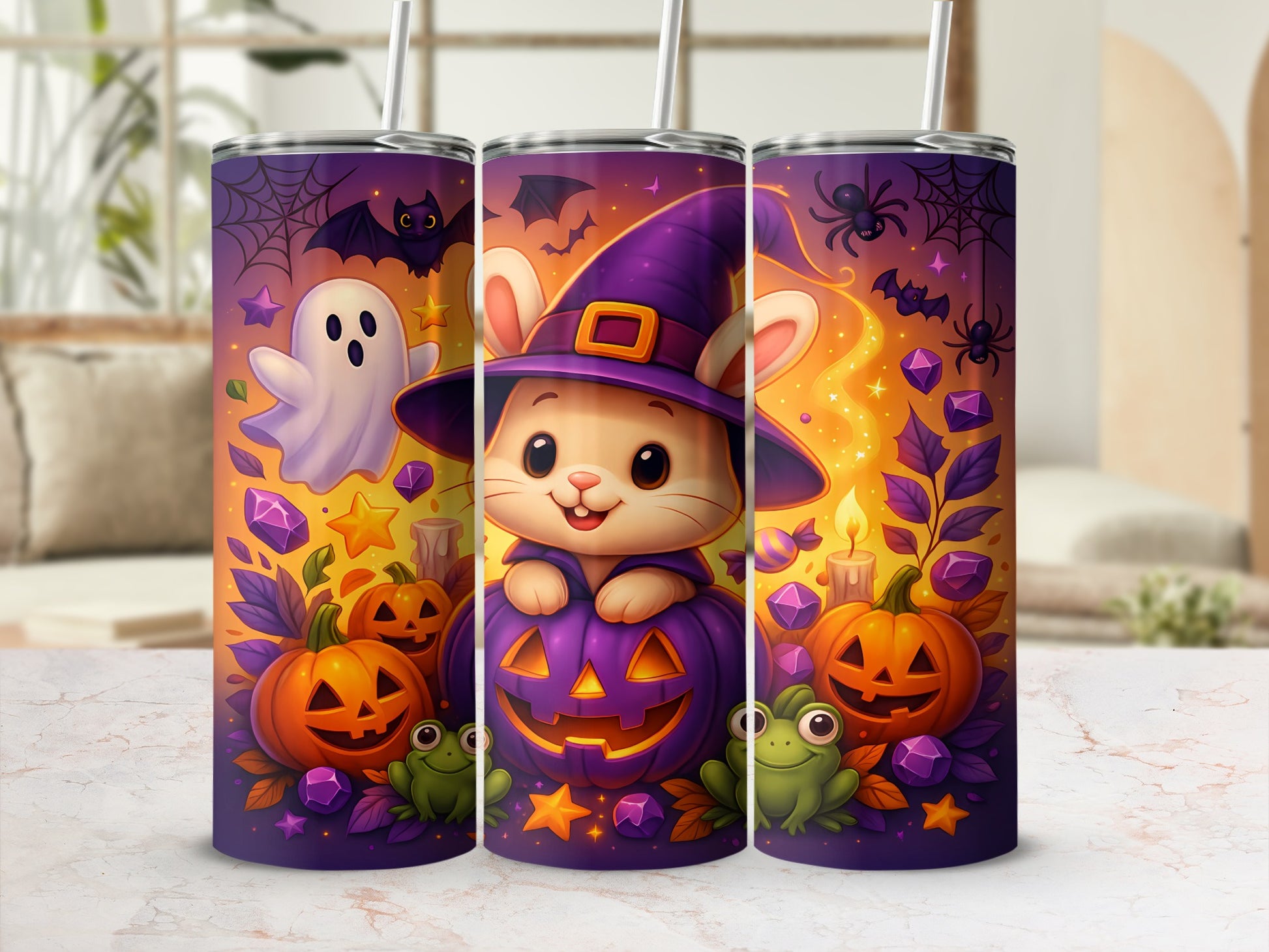 Halloween tumbler with cute bunny, ghost, pumpkins, frogs, spiders, bats, and crystals.