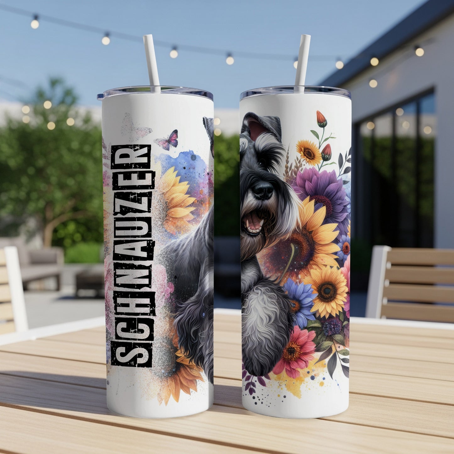 Schnauzer tumbler with sunflowers and butterflies.