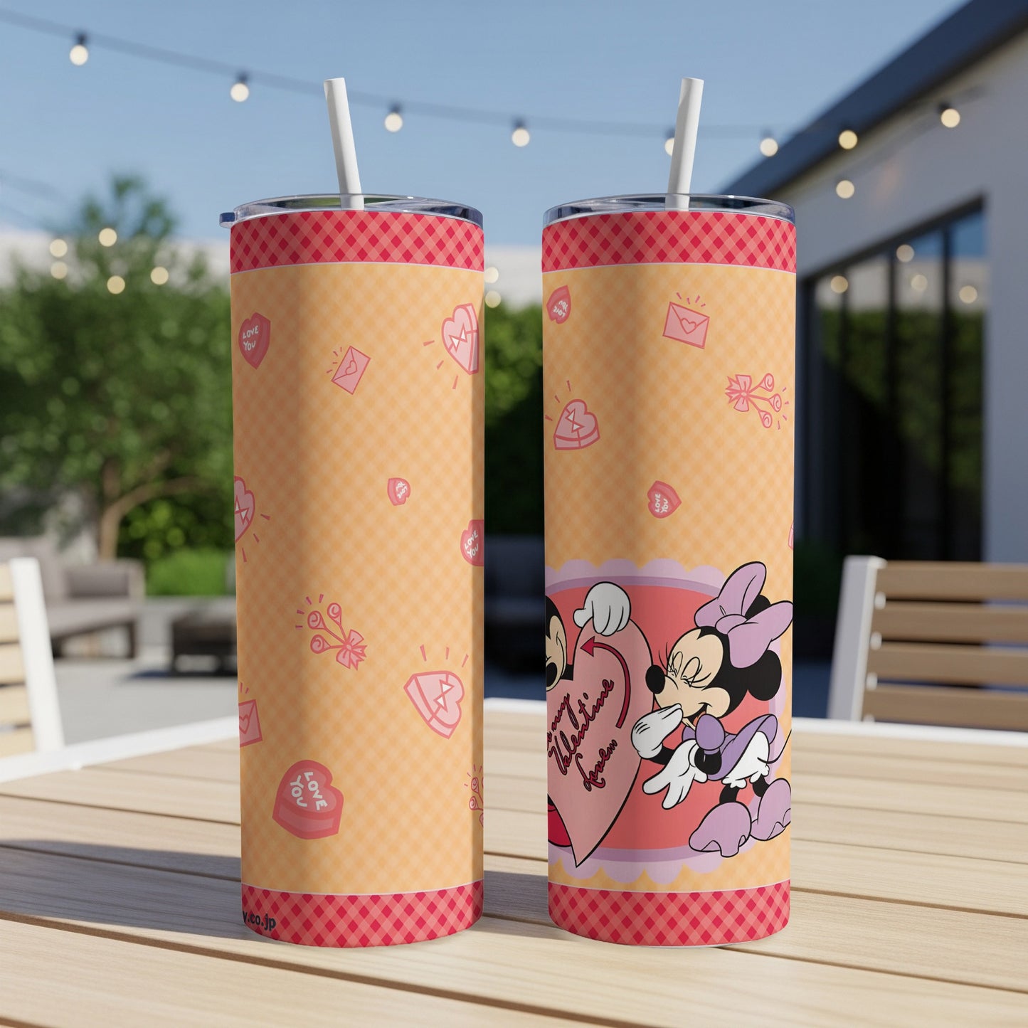 Minnie Mouse Valentine's Day tumbler with hearts and candy graphic design.