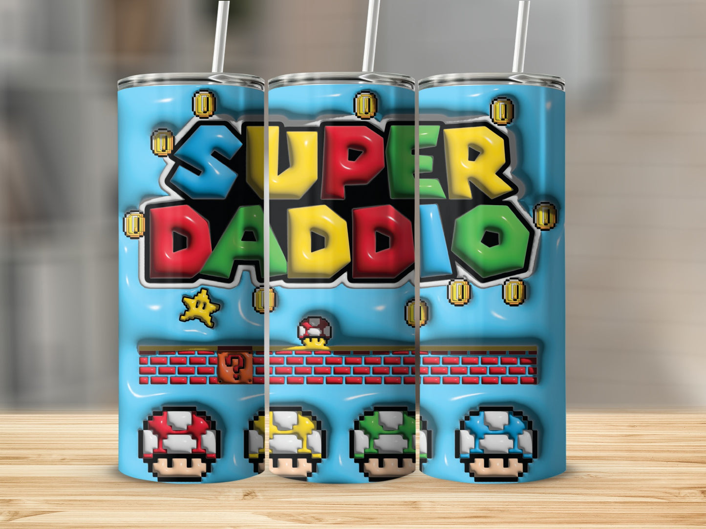 Super Daddio Themed Tumbler with Retro Game Design