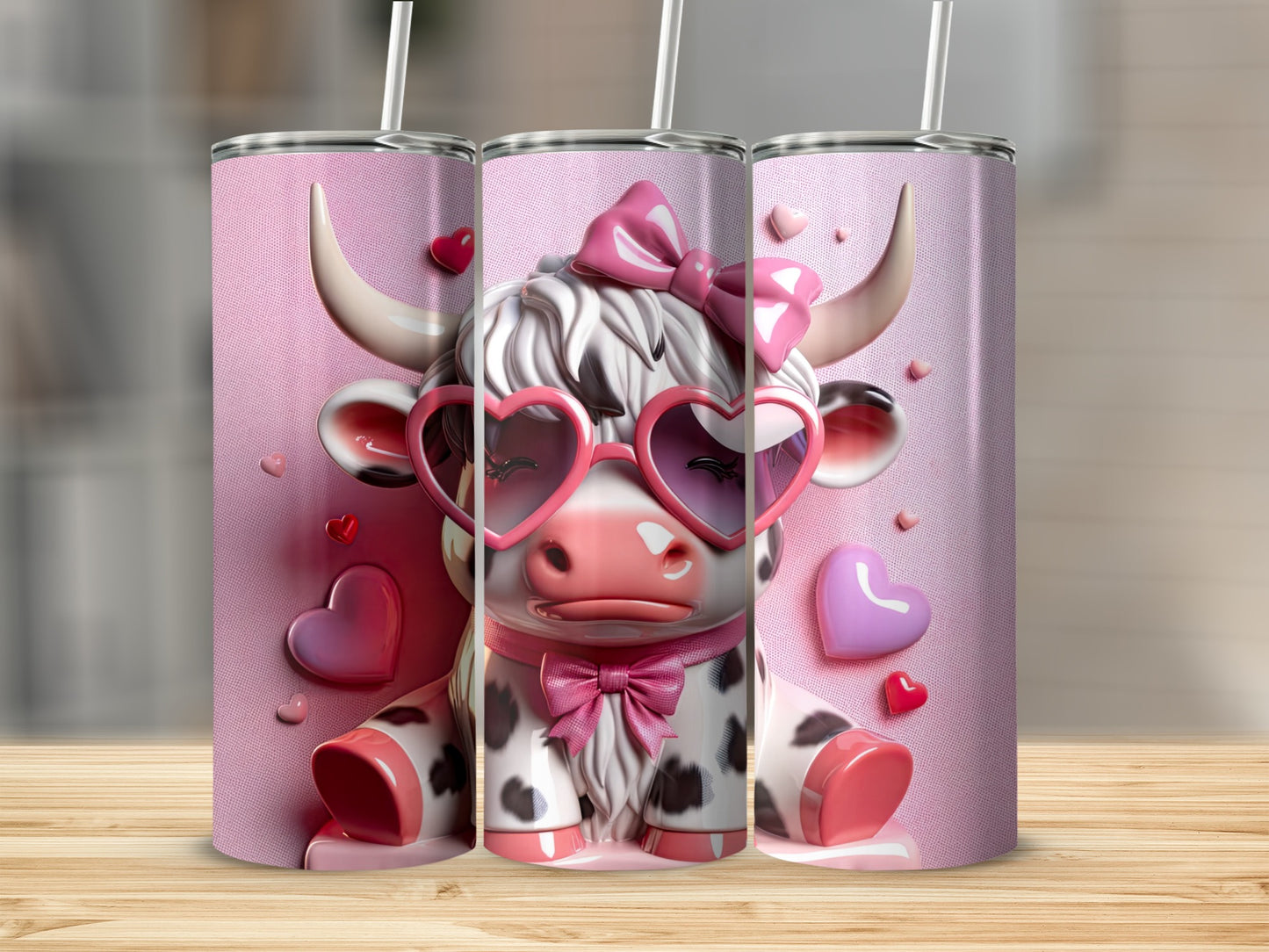 Cow with heart sunglasses and pink bow, 3D rendering.
