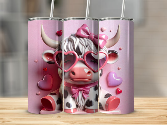 Cow with heart sunglasses and pink bow, 3D rendering.