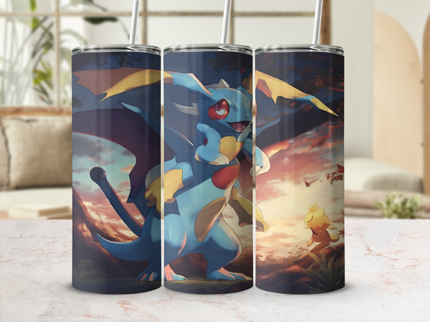 Dragon-like Pokemon character with yellow accents on a scenic background.