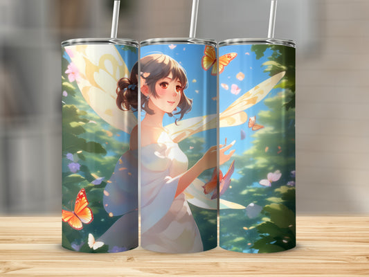 Fairy with butterflies and flowers on a tumbler.