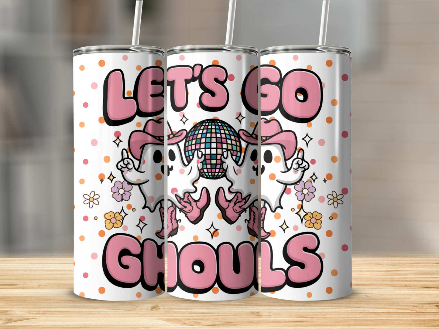 Tumbler with ghosts, disco ball, and "Let's Go Ghouls" text.