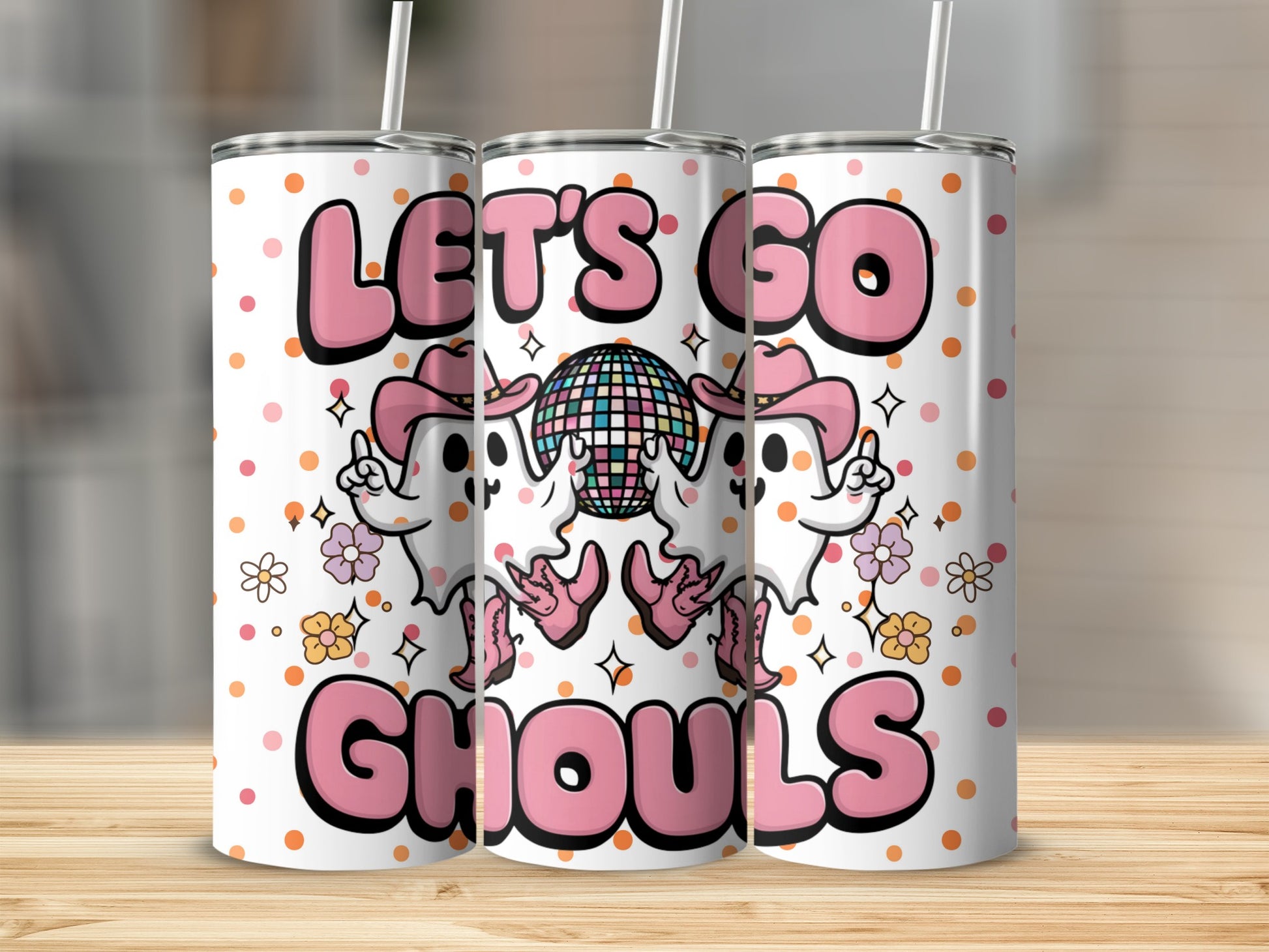 Tumbler with ghosts, disco ball, and "Let's Go Ghouls" text.