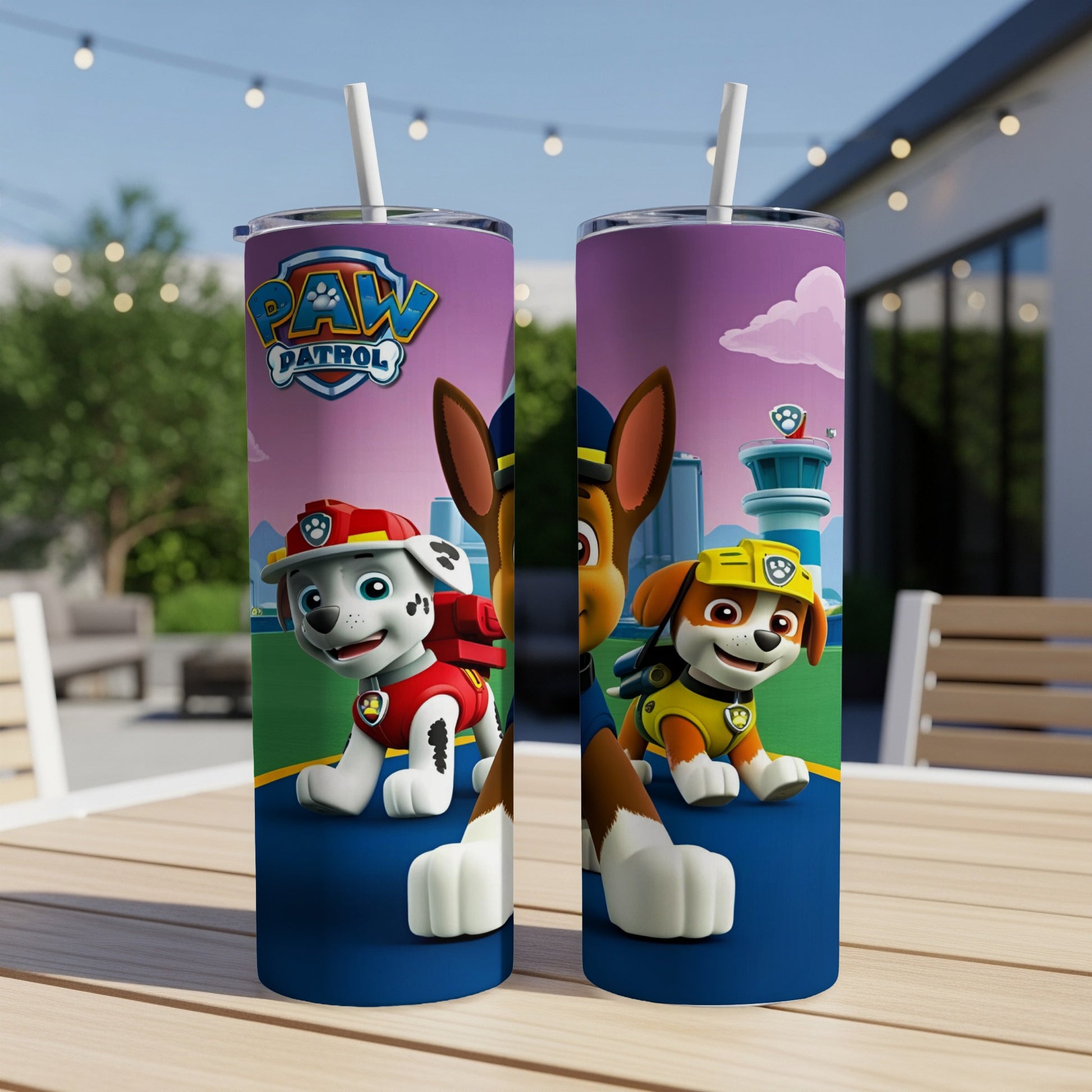 Paw Patrol characters Chase and Marshall on a purple tumbler with a background of Adventure Bay.