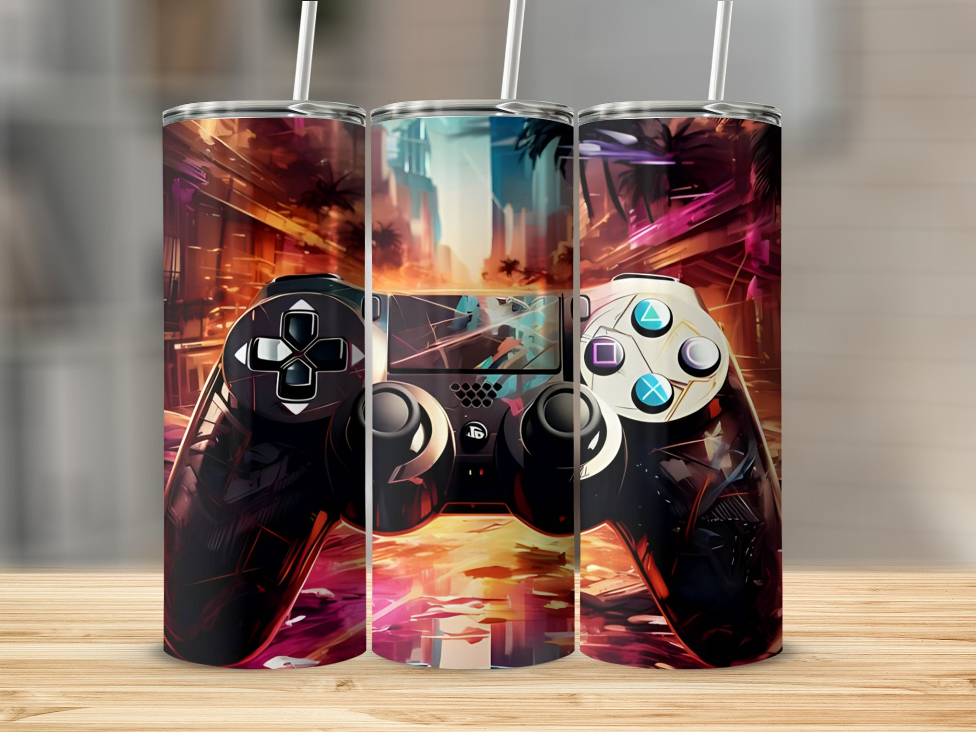 Vibrant Gaming Controller Design Tumbler Set