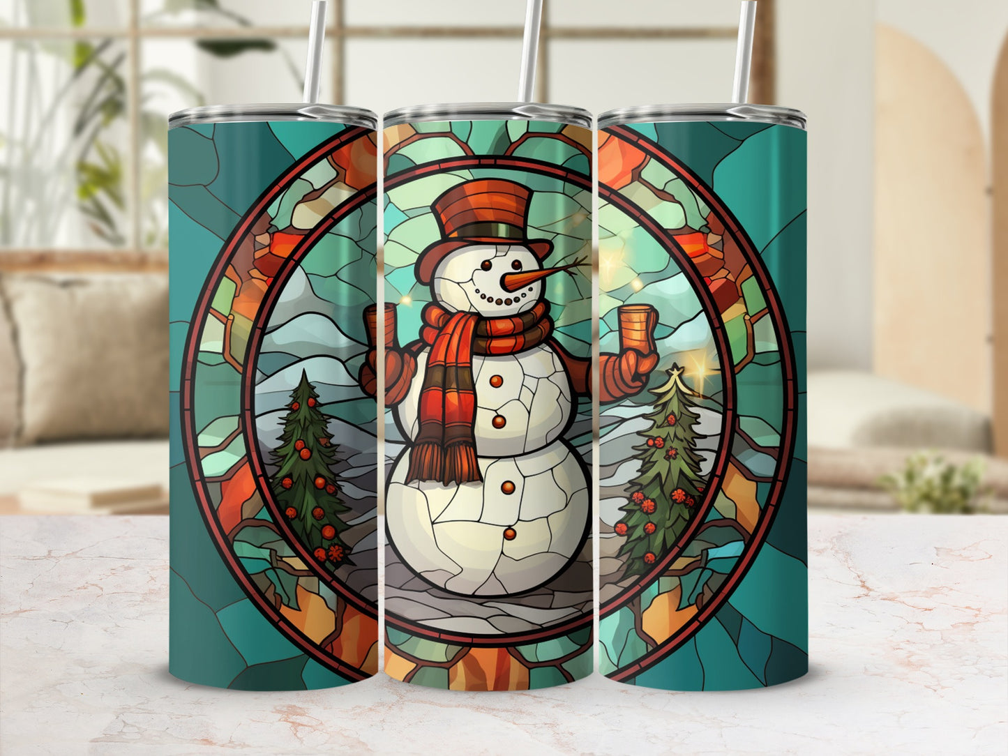 Stained glass snowman with scarf and hat holding mugs, framed by winter trees.