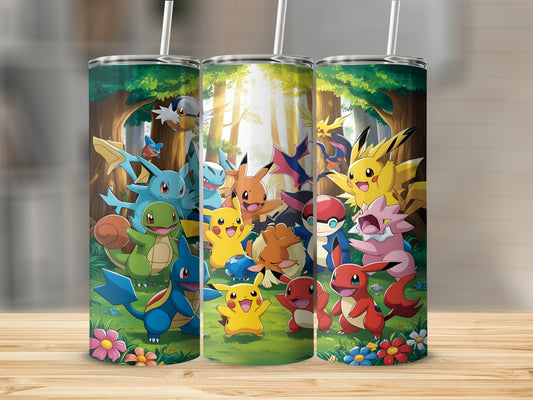 Pokemon characters including Pikachu, Charmander, Squirtle, and Bulbasaur in a forest.