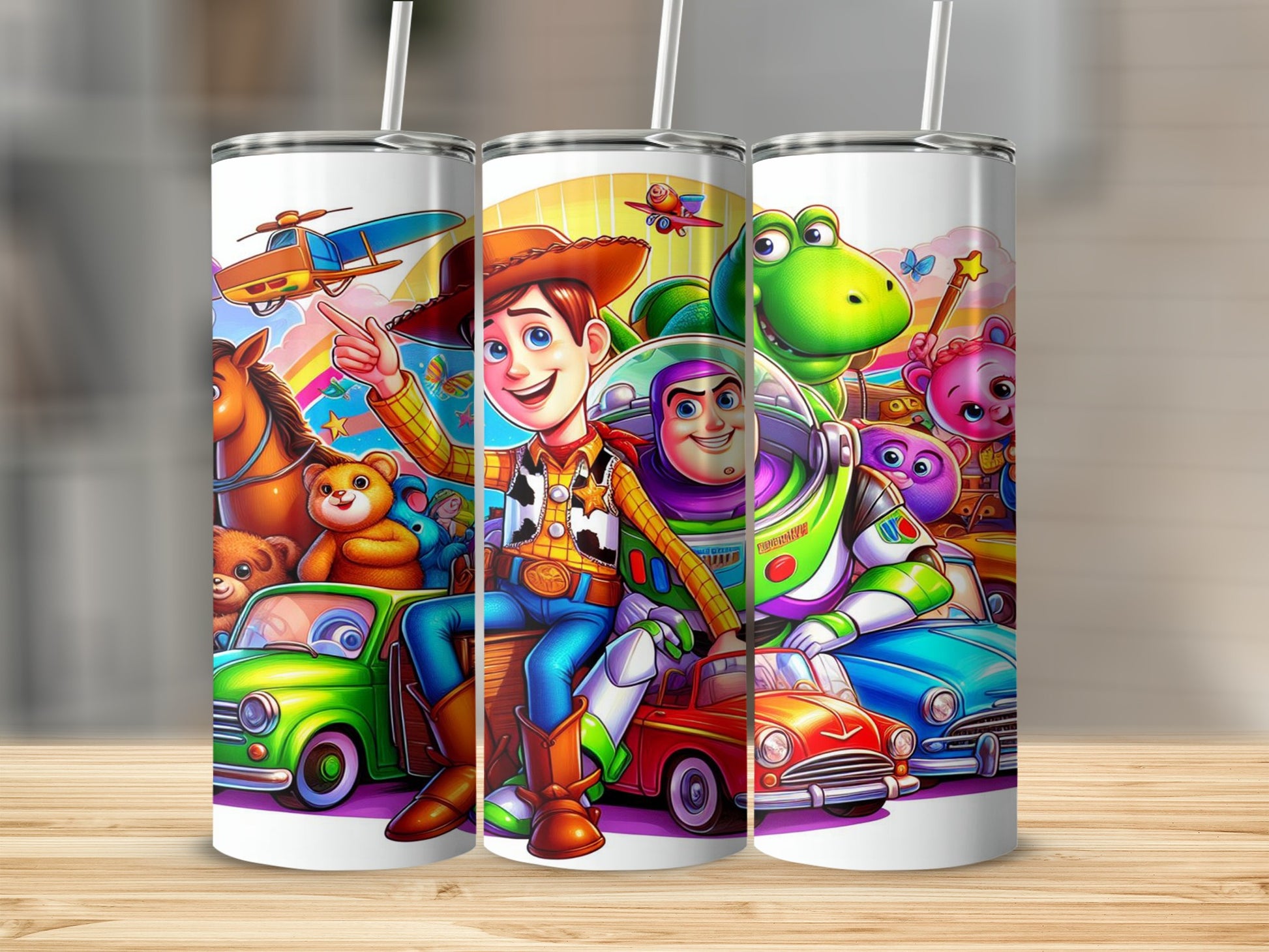 Woody and Buzz Lightyear from Toy Story with friends and toys.