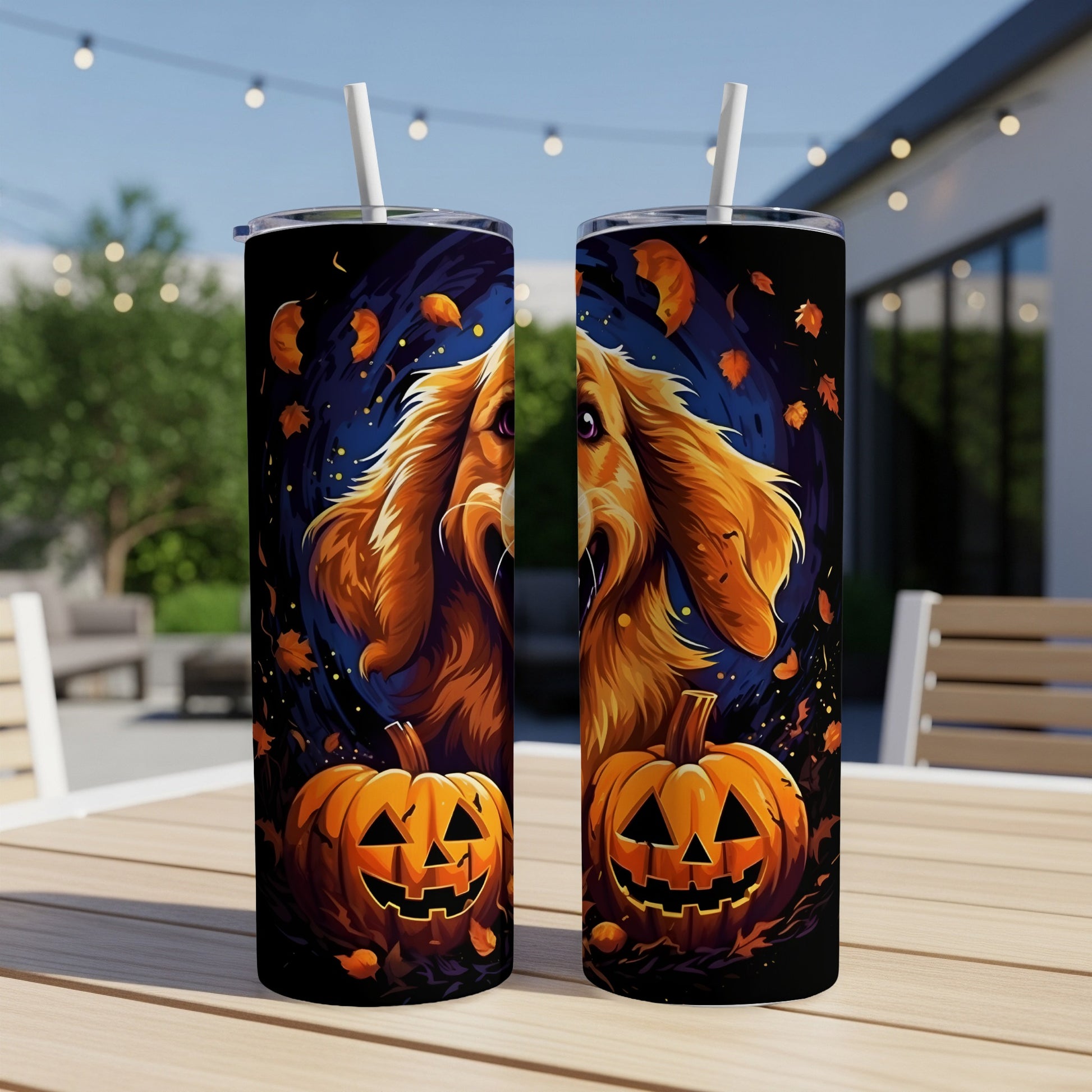 Two tumblers with a Halloween design featuring a golden retriever and jack-o'-lanterns.