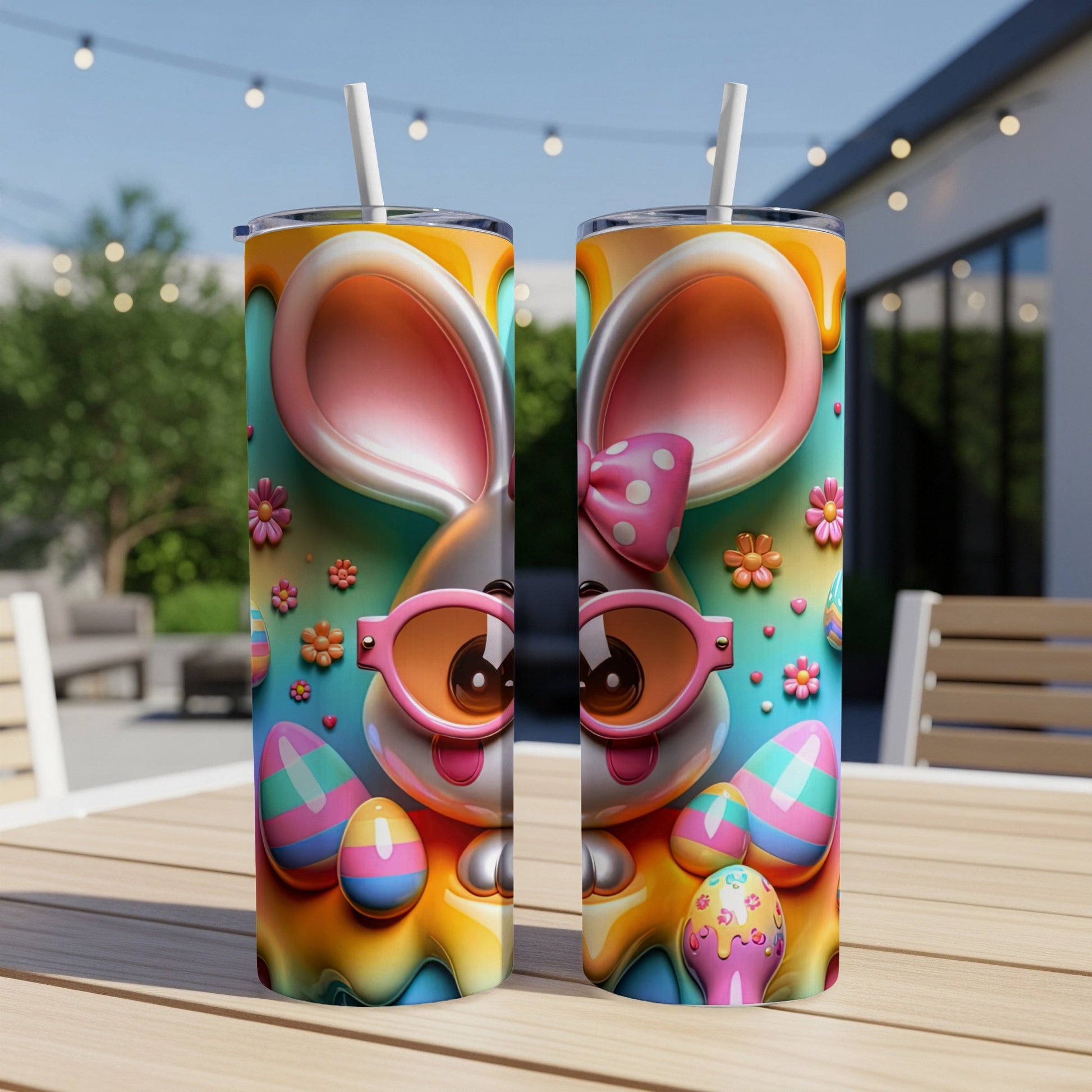 Easter bunny tumbler with pink bow, sunglasses, and colorful eggs.