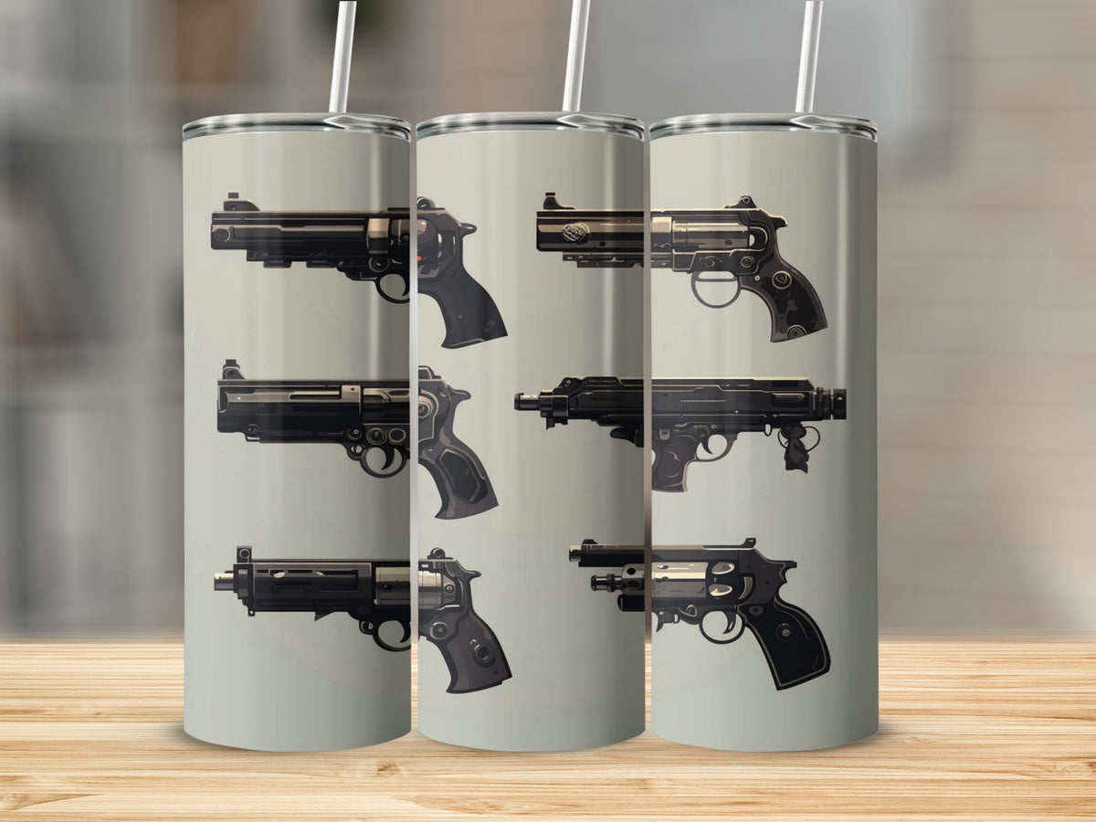 Tumbler with a repeating pattern of six different gun illustrations.