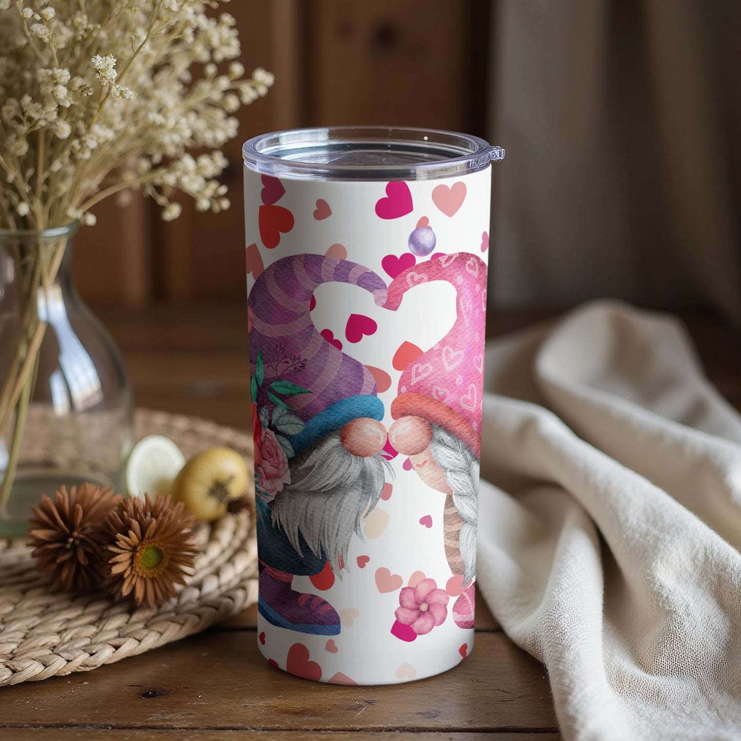 Gnome Couple with Hearts Design Insulated Tumbler