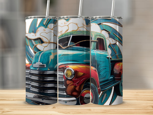 Turquoise vintage truck with colorful flame accents on a white tumbler.