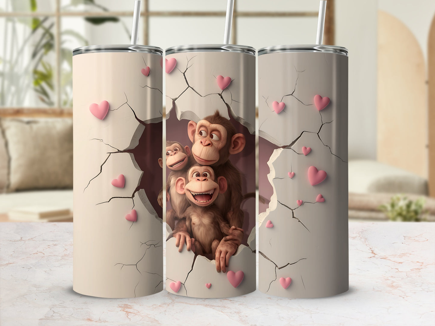 Three tall cups with cartoon monkeys breaking through cracked pink surfaces.
