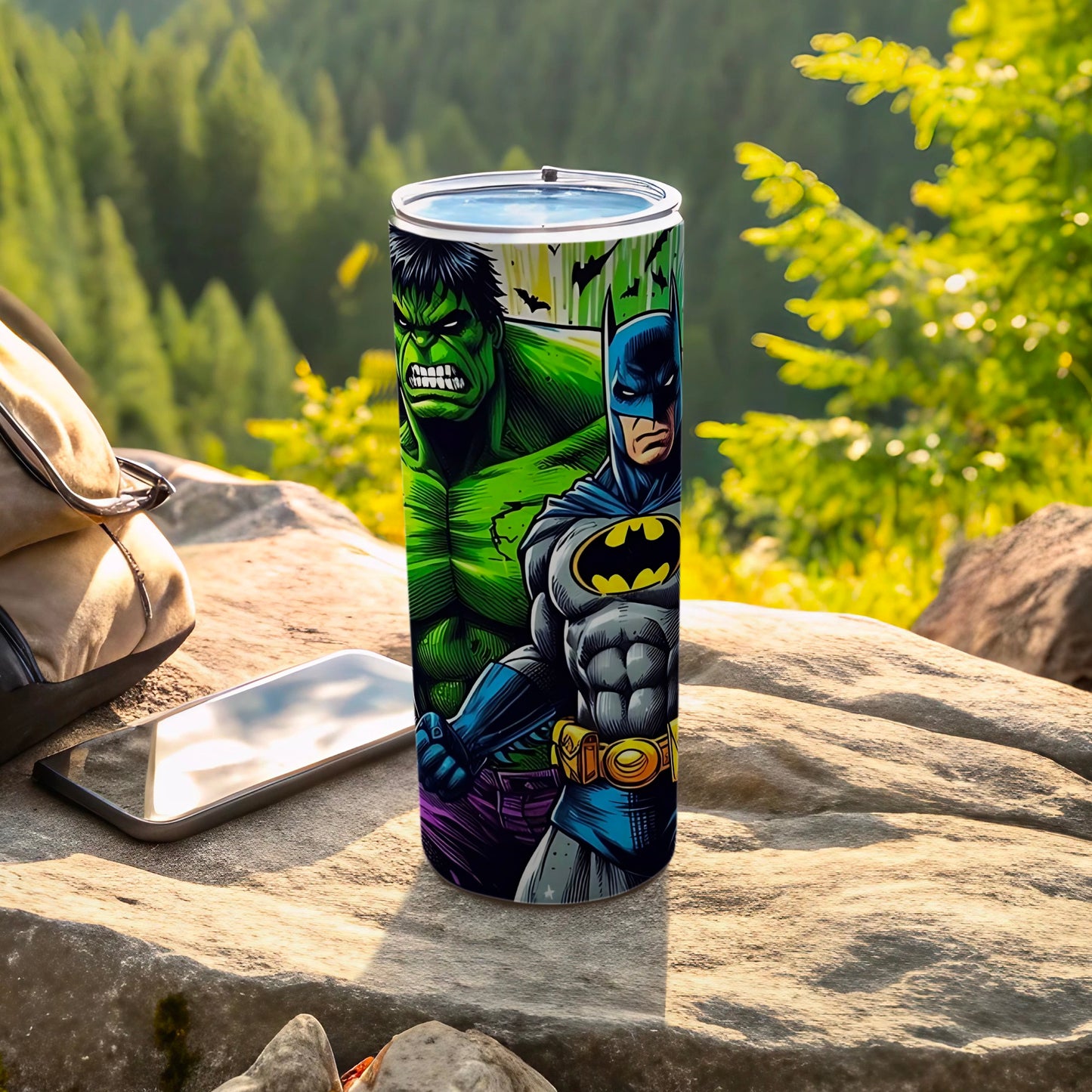 Batman and Hulk Collage Design Travel Tumbler