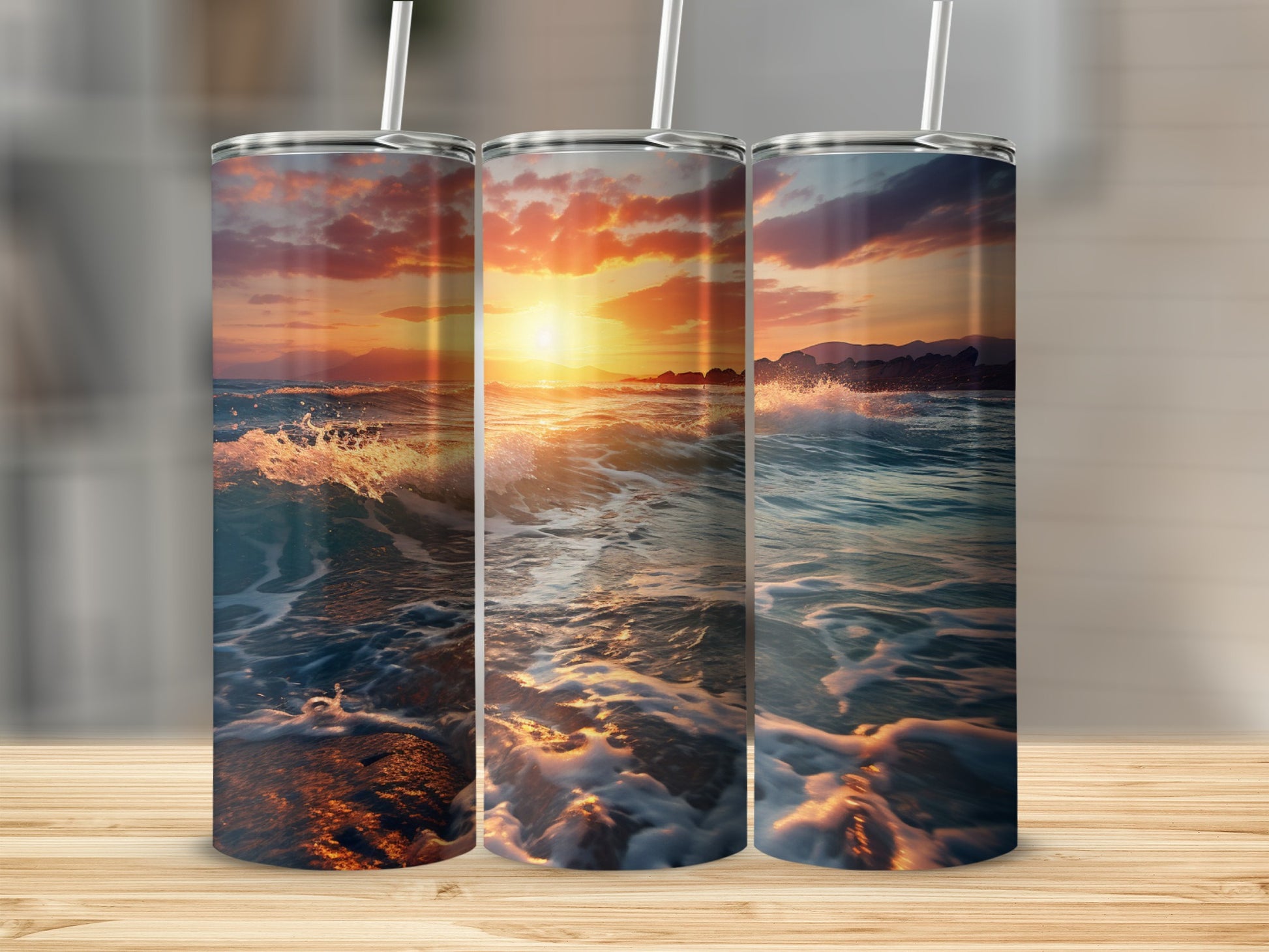 Three tumblers showing a golden sunset over a splashing ocean.