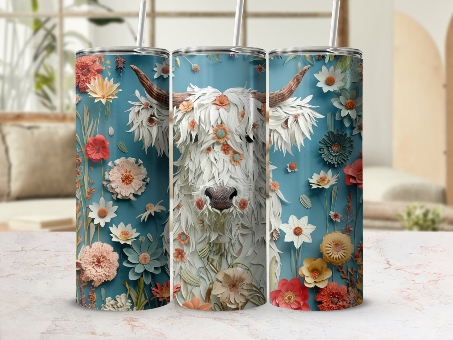 Highland cow with floral mane on a teal blue tumbler.